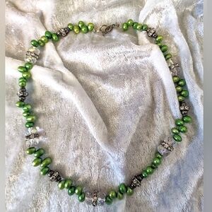 Real Green Dyed Pearl Necklace - 18 Inches Cystal AB Beads Rhinestone Spacers
